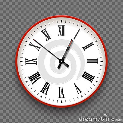 Red and white wall office clock icon with roman numbers. Design template vector closeup. Mock-up for branding and advertise Vector Illustration