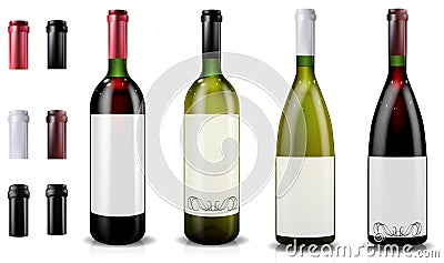 Red and white wine bottles. Caps or sleeves, closing the stopper. Vector Illustration