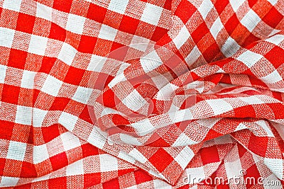 Red and white wrinkled checkered tablecloth Stock Photo