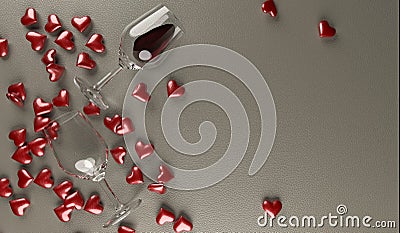 Red Wine Bottle With Bunch Of Red Hearts Stock Photo
