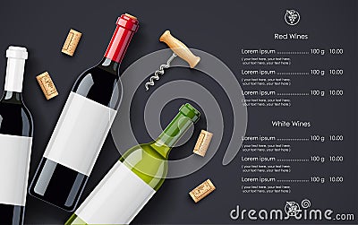 Red Wine bottle, cork and corkscrew concept design for Wines list Vector Illustration