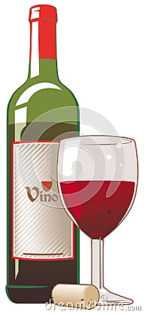 Red wine bottle, cork and glass Vector Illustration