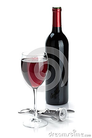 Red wine bottle, glass and corkscrew Stock Photo