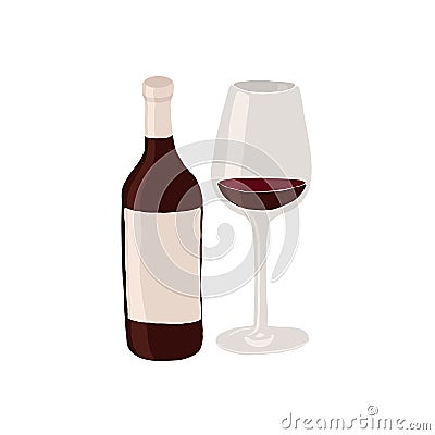 Red wine bottle and a glass. Picknick food and alcohol drink. Set of Abstract vector illustrations. Summer trendy simple Vector Illustration