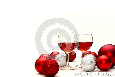 Red Wine and Christmas Decorations Isolated on White Background Stock Photo