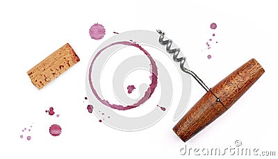 Red wine cork, opener and stain rings isolated Stock Photo