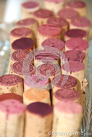 Red wine corks in line Stock Photo