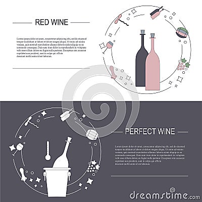 Red wine flyer, perfect wine, round background, bottles, Lorem Ipsum design element Vector Illustration