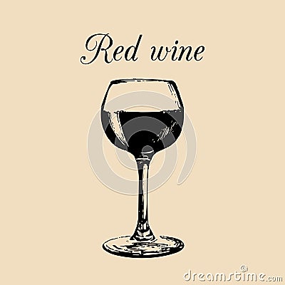 Red wine glass isolated. Hand drawn sketch of Claret for restaurant, bar, cafe menu design. Vector Illustration