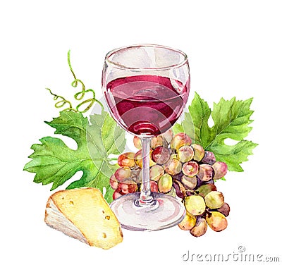 Red wine glass with vine leaves, cheese, grape berries. Watercolor Stock Photo