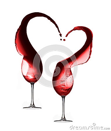 Red wine heart splash with two wineglasses isolated Stock Photo