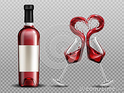 Red wine heart splash in wineglasses and bottle Vector Illustration