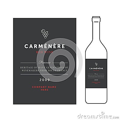 Red wine labels. Vector premium template set. Clean and modern design. Carmenere grape sort. Vector Illustration