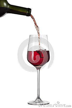 Red wine pouring into glass with splash isolated on white Stock Photo