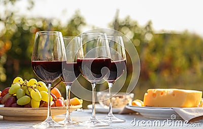 Red wine and snacks served for picnic on wooden table outdoors Stock Photo