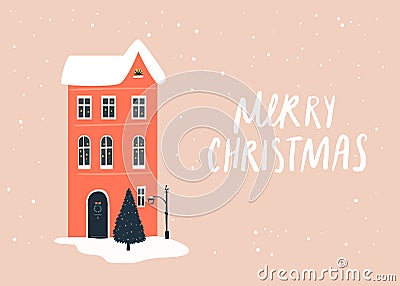 Red winter house, falling snow and handwritten text merry christmas. Simple modern greeting card design Vector Illustration