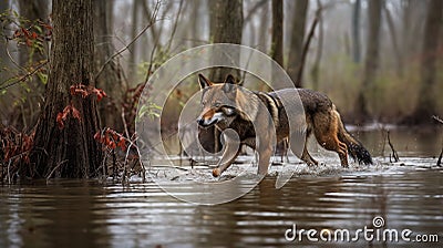 Red Wolf's Patrol in the American Swamp Land Stock Photo