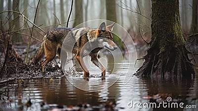 Red Wolf's Patrol in the American Swamp Land Stock Photo