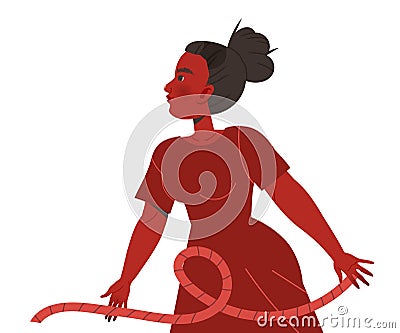 Red Woman Aggressor with Rope Abusing and Insulting Weak Vector Illustration Vector Illustration