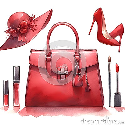 Red woman bag watercolor paint for fshion glamour card design Stock Photo