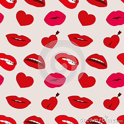 Red woman lips and hearts vector seamless pattern Vector Illustration