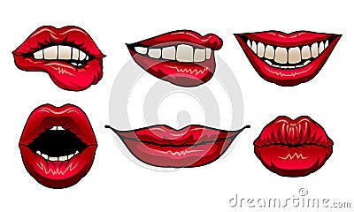 Red Woman Lips Showing Different Emotions Vector Illustrated Set Vector Illustration