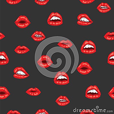 Red woman lips with smile on black background. Pattern sensual female mouth with white toothed smile. Seamless pattern Vector Illustration