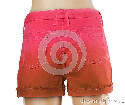 Red women jeans shorts. Back Stock Photo