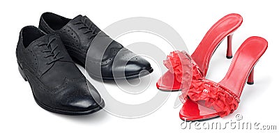 Red womens and black mens shoes Stock Photo