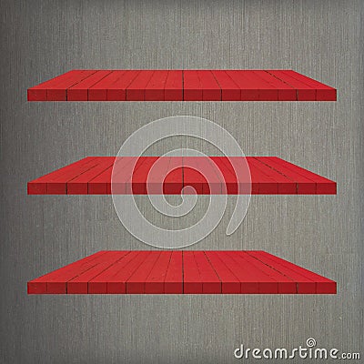3 Red Wood Shelves Table Stock Photo