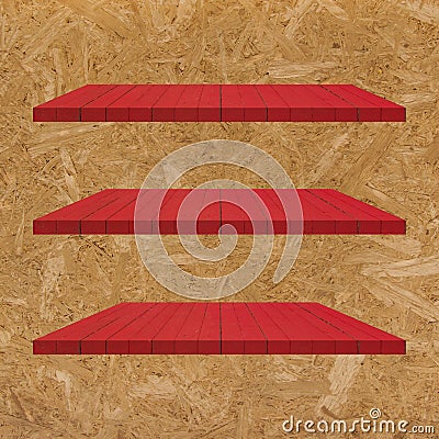 3 Red Wood Shelves Table Stock Photo