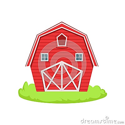 Red Wooden Barn Cartoon Farm Related Element On Patch Of Green Grass Vector Illustration