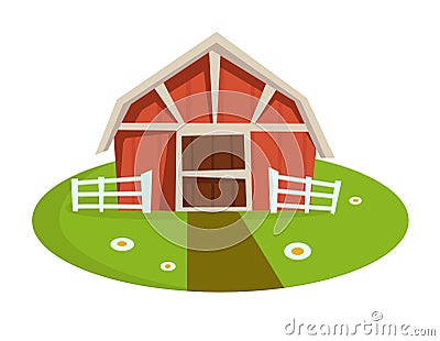 Red wooden barn with fence on green lawn with path Vector Illustration