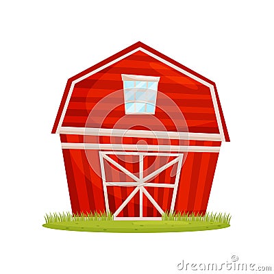 Red wooden barn and green lawn. Large farm building. Rural architecture. Countryside theme. Cartoon vector design Vector Illustration