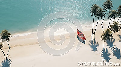 Red wooden boat and palm trees casting shadows on a sand beach, on a warm sunny day. Calm turquoise sea. Generative AI Stock Photo