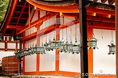 Red wooden buddhist temple in Nara. Stock Photo