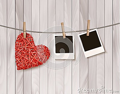 Red wooden heart with photographs. Vector Illustration