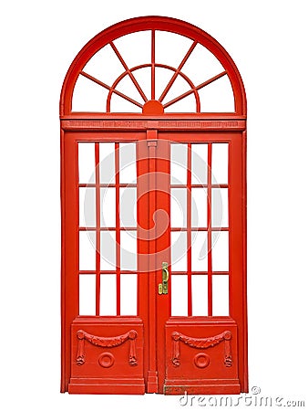 Red wooden vintage bi-fold door with arch isolated on white Stock Photo