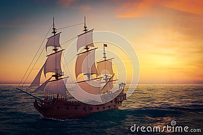 Red Wooden Vintage Tall Sailing Ship, Caravel, Pirate Ship or Warship in Open Ocean. 3d Rendering Stock Photo