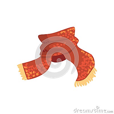 Red wool scarf with yellow fringe on the ends. Warm accessory for autumn or winter weather. Element of garment. Flat Vector Illustration