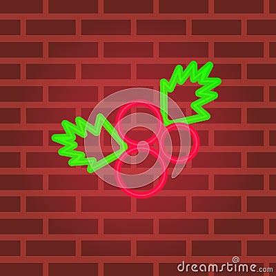 Red xmas berries neon line sign icon. Holiday, xmas, christmas vector illustration. ymbol. Red brickwall background Vector Illustration