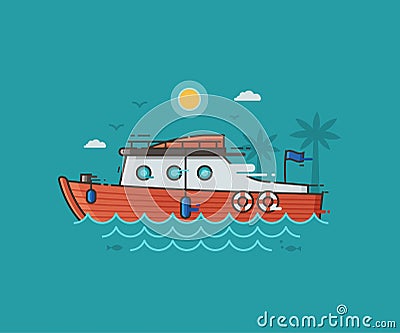 Red Yachting Boat on Water Vector Illustration