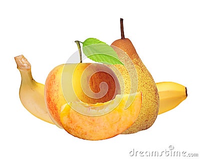 Red and yellow apple, peach, banana and pear isolated on white Stock Photo