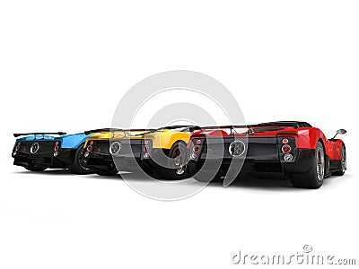 Red, yellow and blue awesome super cars - back view Stock Photo