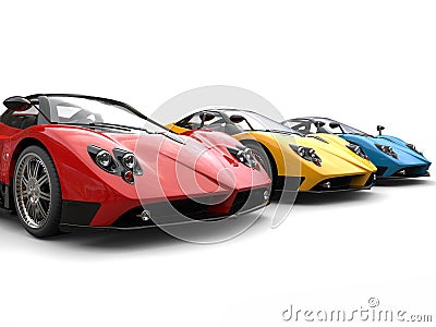 Red, yellow and blue awesome super cars - closeup shot Stock Photo