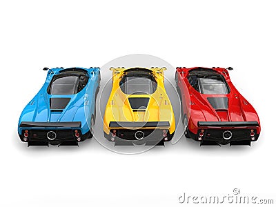 Red, yellow and blue awesome super cars - top back view Stock Photo