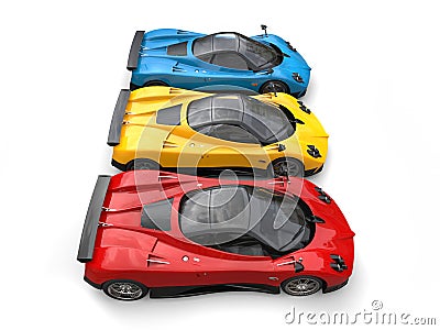 Red, yellow and blue awesome super cars - top side view Stock Photo