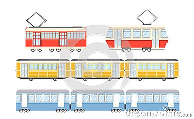 Red, Yellow and Blue Trams, City Trolley, Modern Public Transport. Passengers Transportation Service. Urban Trolleybus Vector Illustration