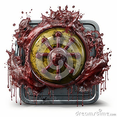 a red and yellow button with blood splattered on it Stock Photo