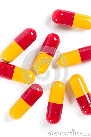 Red and yellow capsule medicine Stock Photo